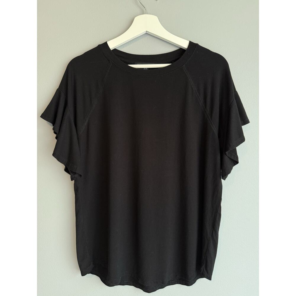 Joan Vass Black Top M Flutter Sleeve Stretch Casual Minimalist Basic Blouse